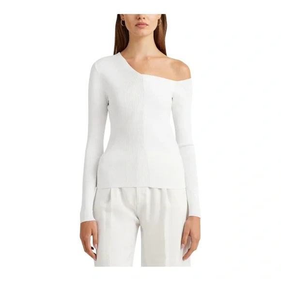 Lauren Ralph Lauren White One Shoulder Long Sleeve Ribbed Knit Top - Picture 7 of 7